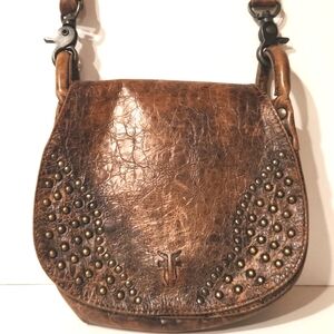 Vintage Frye Distressed Leather Studded Crossbody Saddle Bag EUC